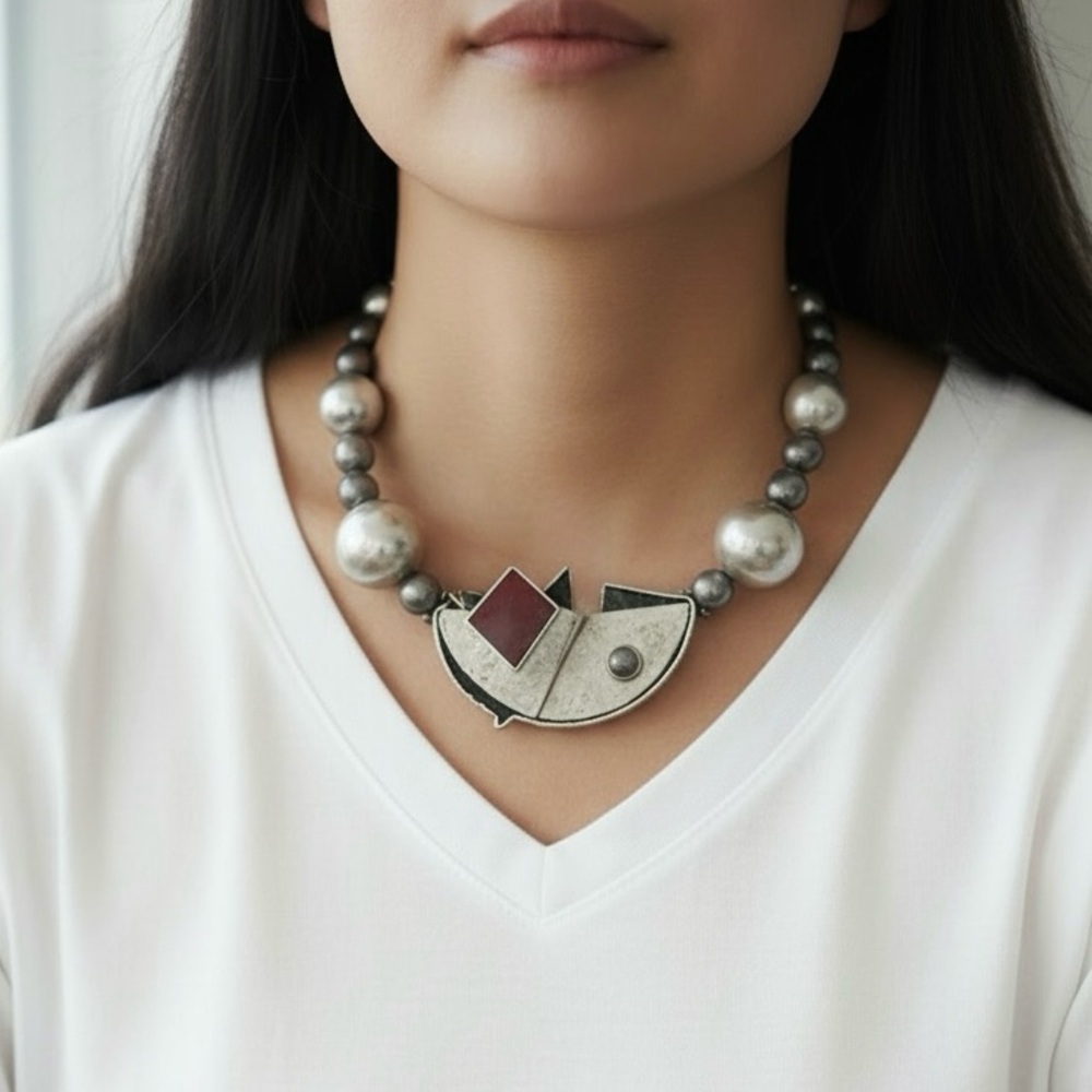 Vintage Statement Heavy Necklace 925 Silver, 14K Gold, Hematite Beads - Picture 3 of 7